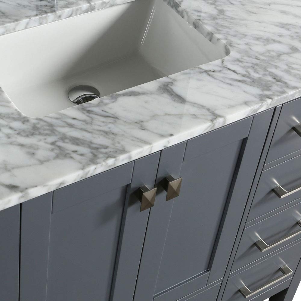 Gray shaker vanity with marble countertop