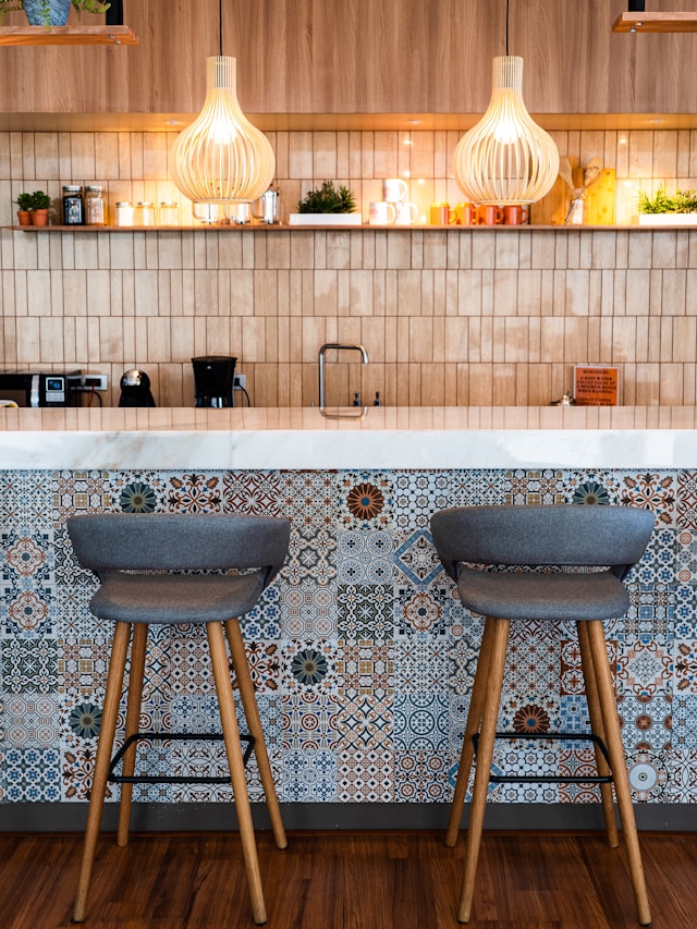 fun kitchen design featuring intricate tile backsplash